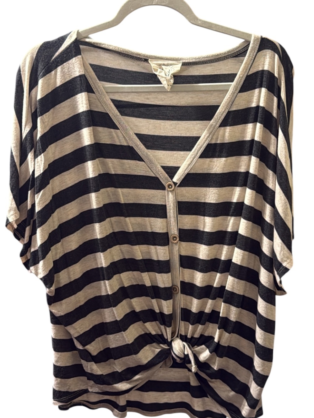 Fantastic Fawn Black & Cream Striped V-Neck Button Tie-Hem Top